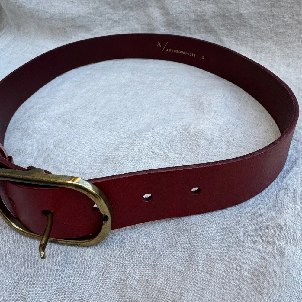 Anthropologie Belt small Red Leather Antique Brass Oval Buckle Boho Minimalist